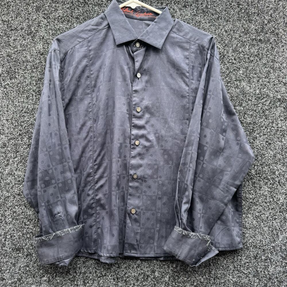 Robert Graham black damask jacquard long sleeve flip‎ cuff button up shirt men M